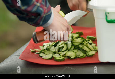 close-up, girl's hand with a knife cuts cucumbers for salad in nature Stock Photo