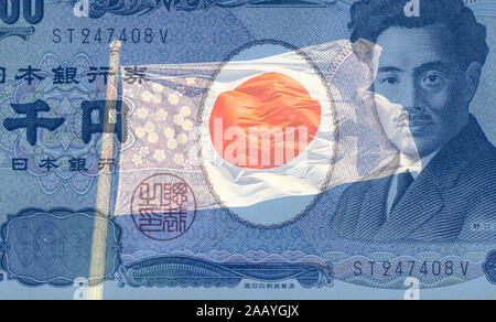 Flag of Japan and Japanese currency 1000 yen banknote Stock Photo