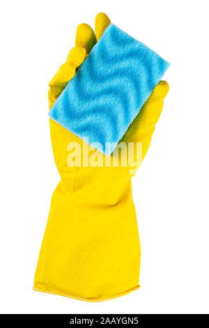 hand in a yellow household glove with a washcloth. isolated on a white background. file contains clipping path Stock Photo