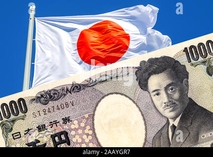 Flag of Japan and Japanese currency 1000 yen banknote Stock Photo