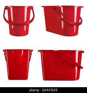a red bucket for mopping a set from different angles. isolated on a white background. file contains clipping path Stock Photo