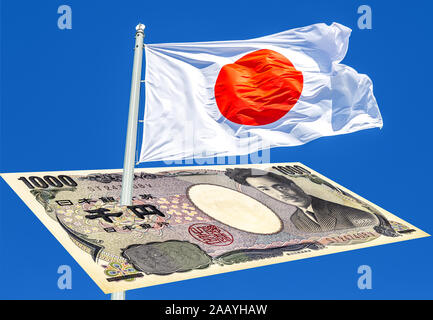 Flag of Japan and Japanese currency 1000 yen banknote Stock Photo