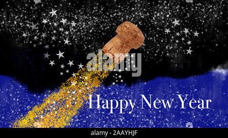 Close up of cork popping out from bottle with sparkling wine at party. Cork flying up in the dark blue night sky on bokeh background with stars and gl Stock Photo