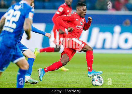 Sinsheim, Germany. 24th Nov, 2019. Soccer: Bundesliga, TSG 1899 Hoffenheim - FSV Mainz 05, 12th matchday, in the PreZero Arena. Ridle Baku of Mainz plays the ball. Credit: Uwe Anspach/dpa - IMPORTANT NOTE: In accordance with the requirements of the DFL Deutsche Fußball Liga or the DFB Deutscher Fußball-Bund, it is prohibited to use or have used photographs taken in the stadium and/or the match in the form of sequence images and/or video-like photo sequences./dpa/Alamy Live News Stock Photo