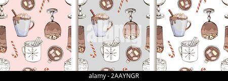 Set of vector hand drawn seamless patterns with popular winter drinks. Hot chocolate. Fashion textile print for New Year menu design. Endless texture Stock Vector