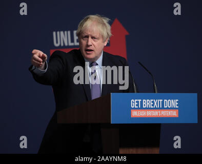 Telford, UK. 24th Nov, 2019. British Prime Minister Boris Johnson launches the Conservative Party Manifesto in Telford on Sunday, November 24, 2019. Mr Johnson is seeking a majority in the General Election on December 12th to enable the government to get Brexit passed. Photo by Hugo Philpott/UPI Credit: UPI/Alamy Live News Stock Photo
