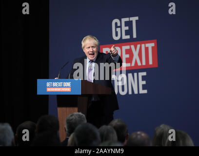 Telford, UK. 24th Nov, 2019. British Prime Minister Boris Johnson launches the Conservative Party Manifesto in Telford on Sunday, November 24, 2019. Mr Johnson is seeking a majority in the General Election on December 12th to enable the government to get Brexit passed. Photo by Hugo Philpott/UPI Credit: UPI/Alamy Live News Stock Photo