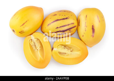 Fresh Pepino fruit with leaves isolated on white background. Top view, flat lay Stock Photo
