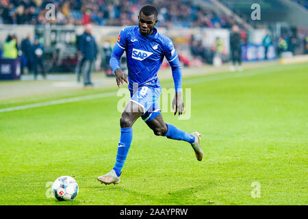 Sinsheim, Germany. 24th Nov, 2019. Soccer: Bundesliga, TSG 1899 Hoffenheim - FSV Mainz 05, 12th matchday, in the PreZero Arena. Hoffenheim's Ihlas Bebou plays the ball. Credit: Uwe Anspach/dpa - IMPORTANT NOTE: In accordance with the requirements of the DFL Deutsche Fußball Liga or the DFB Deutscher Fußball-Bund, it is prohibited to use or have used photographs taken in the stadium and/or the match in the form of sequence images and/or video-like photo sequences./dpa/Alamy Live News Stock Photo