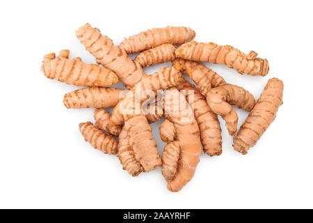 turmeric root isolated on white background. Top view. Flat lay Stock Photo
