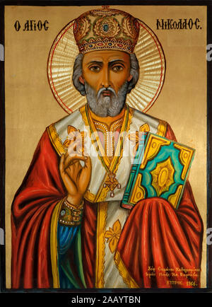 CY - NORTH CYPRUS: Icon depicting St. Nicholas painted in 1966 by one of the last three monks at St. Barnabas Monastery, Salamis near Famagusta. Stock Photo