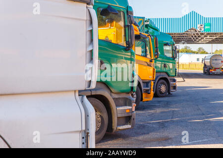Lorry trucks cars in traffic jam at border zone custom in checkpoint. Stock Photo
