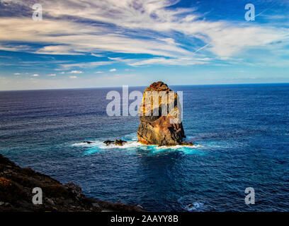 Rocky cliffs on the shore of the island of Madeira, Portugal. This amazing place is Ponta de Sao Lourenco. The most beautiful trail on Madeira Island Stock Photo