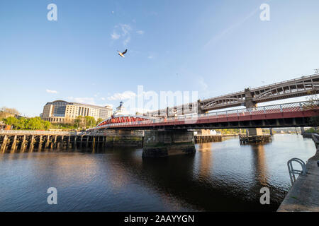 Newcastle UK - 12th May 2019: Newcastle famous Swing Bridge on a sunny day with blue skies and fluffy clouds Stock Photo
