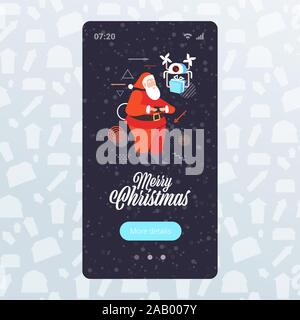 santa claus using remote control operating drone with gift box merry christmas happy new year winter holidays celebration concept smartphone screen online mobile app vertical vector illustration Stock Vector