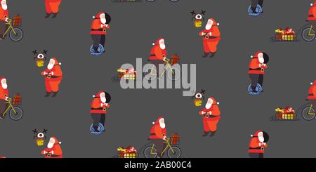 set santa claus riding mono wheel cycling and controlling drone merry christmas happy new year winter holidays celebration concept seamless pattern horizontal full length vector illustration Stock Vector