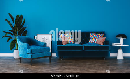 Modern minimalist interior design of living room, home, office, hotel, blue wall concept, vintage armchair with sofa on the parquet floor Stock Photo