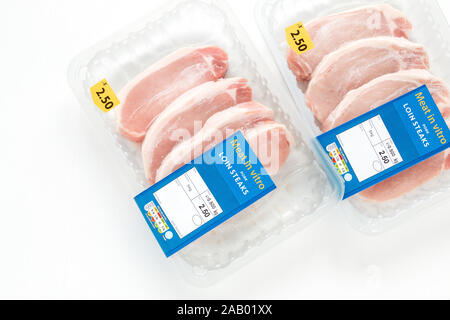 In vitro meat, grown in tubes. Pork in packaging, ready for sale. Stock Photo