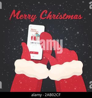 santa hands using mobile app rat with gift box on smartphone screen christmas new year holidays celebration concept greeting card vector illustration Stock Vector