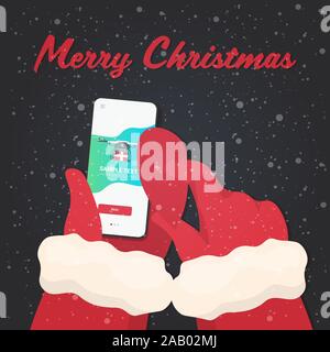 santa hands using mobile app drone carrying gift box on smartphone screen christmas new year holidays celebration concept greeting card vector illustration Stock Vector
