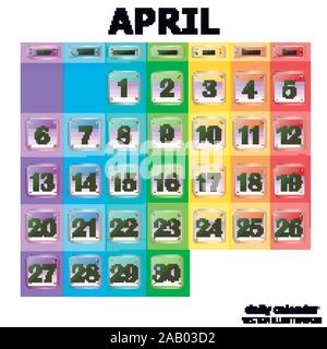 Colorful calendar for April 2020 in english. Set of buttons with calendar dates for the month of April. For planning important days. Banners for holidays and special days. Vector Illustration. Stock Vector
