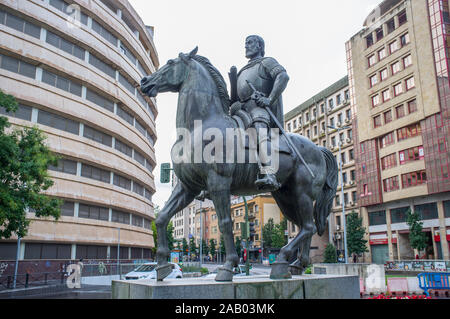 Spain, Cáceres - Sept 21th, 2019: Hernán Cortés Equestrian sculpture. Made by Pérez Comendador, Cáceres, Spain Stock Photo