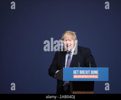 Telford, UK. 24th Nov, 2019. British Prime Minister Boris Johnson launches the Conservative Party Manifesto in Telford on Sunday, November 24, 2019. Mr Johnson is seeking a majority in the General Election on December 12th to enable the government to get Brexit passed. Photo by Hugo Philpott/UPI Credit: UPI/Alamy Live News Stock Photo