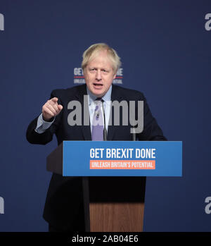 Telford, UK. 24th Nov, 2019. British Prime Minister Boris Johnson launches the Conservative Party Manifesto in Telford on Sunday, November 24, 2019. Mr Johnson is seeking a majority in the General Election on December 12th to enable the government to get Brexit passed. Photo by Hugo Philpott/UPI Credit: UPI/Alamy Live News Stock Photo