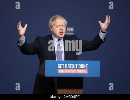 Telford, UK. 24th Nov, 2019. British Prime Minister Boris Johnson launches the Conservative Party Manifesto in Telford on Sunday, November 24, 2019. Mr Johnson is seeking a majority in the General Election on December 12th to enable the government to get Brexit passed. Photo by Hugo Philpott/UPI Credit: UPI/Alamy Live News Stock Photo