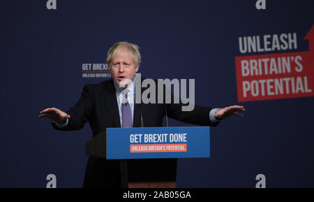 Telford, UK. 24th Nov, 2019. British Prime Minister Boris Johnson launches the Conservative Party Manifesto in Telford on Sunday, November 24, 2019. Mr Johnson is seeking a majority in the General Election on December 12th to enable the government to get Brexit passed. Photo by Hugo Philpott/UPI Credit: UPI/Alamy Live News Stock Photo