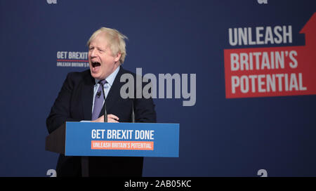 Telford, UK. 24th Nov, 2019. British Prime Minister Boris Johnson launches the Conservative Party Manifesto in Telford on Sunday, November 24, 2019. Mr Johnson is seeking a majority in the General Election on December 12th to enable the government to get Brexit passed. Photo by Hugo Philpott/UPI Credit: UPI/Alamy Live News Stock Photo