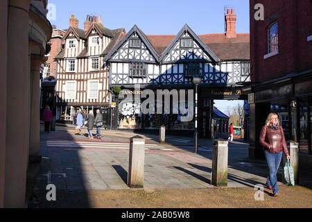 Timber-framed buildings of Shrewsbury, viewed here on a glorious November day and accentuated by both light and shadow. Stock Photo