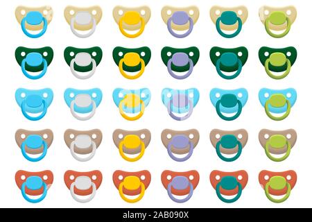 Illustration on theme big colored set baby pacifiers, dummy with rubber nipple. Baby pacifiers consisting of collection to newborn, good dummy nipple. Stock Vector