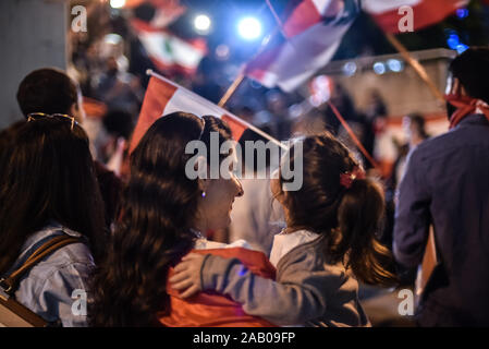 Rafik Hariri Airport arrivals on Day 37 of country-wide protests in Lebanon. Lebanese expats travelled from France and the UAE to Beirut, on Lebanese Independence Day, to join the protests. Stock Photo