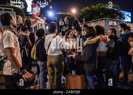 Rafik Hariri Airport arrivals on Day 37 of country-wide protests in Lebanon. Lebanese expats travelled from France and the UAE to Beirut, on Lebanese Independence Day, to join the protests. Stock Photo