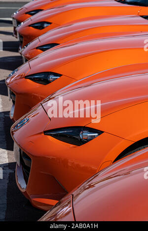 Line of Orange Mazda Miata MX-5 ND Mark 4 30th Anniversary model Stock Photo