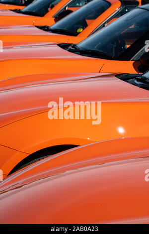 Line of Orange Mazda Miata MX-5 ND Mark 4 30th Anniversary model Stock Photo