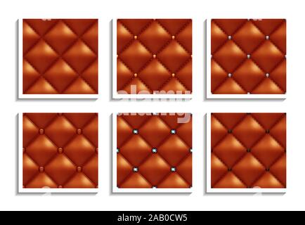 Seamless vector patterns of brown leather upholstery with gold, silver, diamond buttons. Luxury textures of vintage furniture Stock Vector