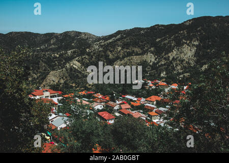 Panoramic view near of Kato Lefkara - is the most famous village in the Troodos Mountains. Limassol district, Cyprus, Mediterranean Sea. Mountain land Stock Photo