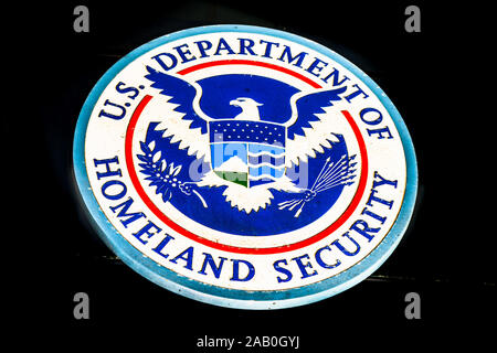 Nov 17, 2019 San Francisco / CA / USA - U.S. Department of Homeland Security Seal located at one of their buildings in downtown San Francisco Stock Photo