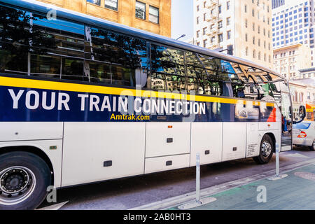 Nov 17, 2019 San Francisco / CA / USA - Amtrak Bus connecting San Francisco and the Emeryville Amtrak station, part of the Capital Corridor route Stock Photo