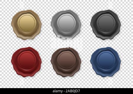 Vector 3d Realistic Vintage Retro Stamp Wax Seal Icon Set Closeup Isolated on Transparent Background. Design Template of Sealing Wax or Stamps, Labels Stock Vector