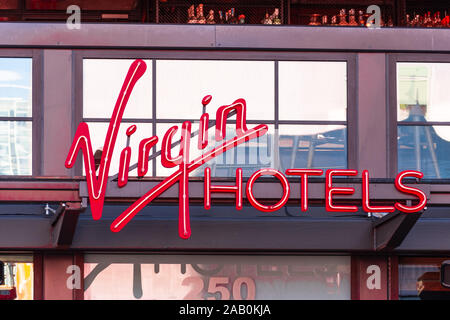 Nov 17, 2019 San Francisco / CA / USA - Virgin Hotels sign above the entrance to the San Francisco hotel, located near Yerba Buena Gardens Stock Photo