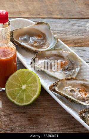 Oysters with lime and hot sauce. Stock Photo