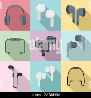 Wireless earbuds icons set. Flat set of wireless earbuds vector icons for web design Stock Vector