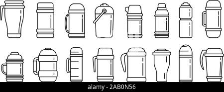 Modern vacuum insulated water bottle icons set. Outline set of modern vacuum insulated water bottle vector icons for web design isolated on white background Stock Vector