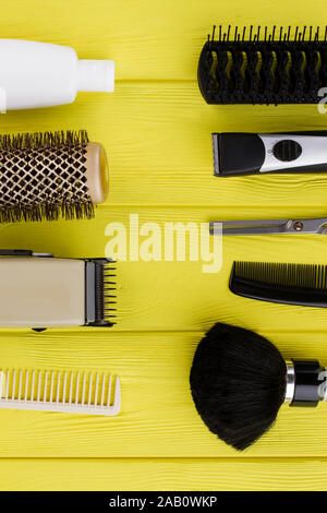 Flat lay with tools for professional hairdresser. Stock Photo