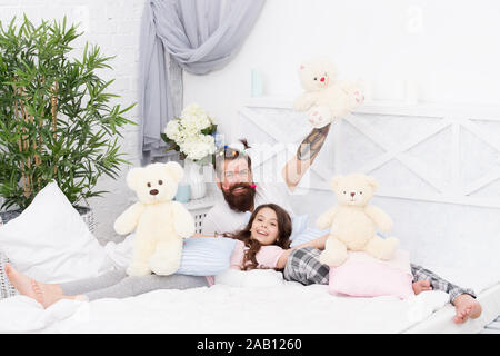 Just Smile I Love My Daddy Happy Morning Together Good Night Funny Pajama Party Small Girl With Bearded Father In Bed Weekend At Home Father And Daughter Having Fun Family Bonding Time