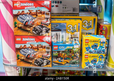 Lego box on the shop display for sale, Lego Star Wars, Speed, Super Heroes,  City, Juniors, Classic, Duplo, Creator, Technic, Friends, Ninjago, Elves  Stock Photo - Alamy