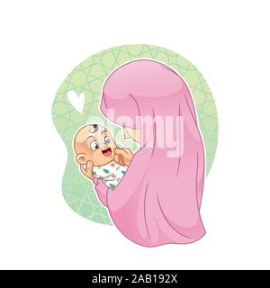 Mother in Hijab Holding Her Newborn Baby Boy, Family Life, Parenting, Cartoon Vector Illustration Mascot, in Isolated White Background. Stock Vector